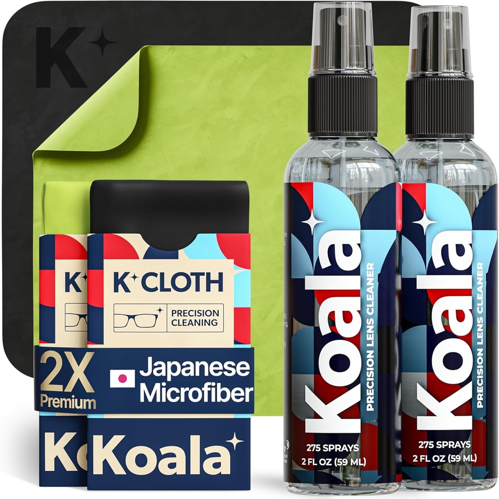 Koala prillide läätsed Puhastaja Spray Kit | (2x) Klaasid Puhastaja pudel + (2x) Mikrofiber Riie | Alkoholivabad prillid, ekraan ja kaamera puhastuskomplekt | valmistatud USAs (4 tükk komplekti)