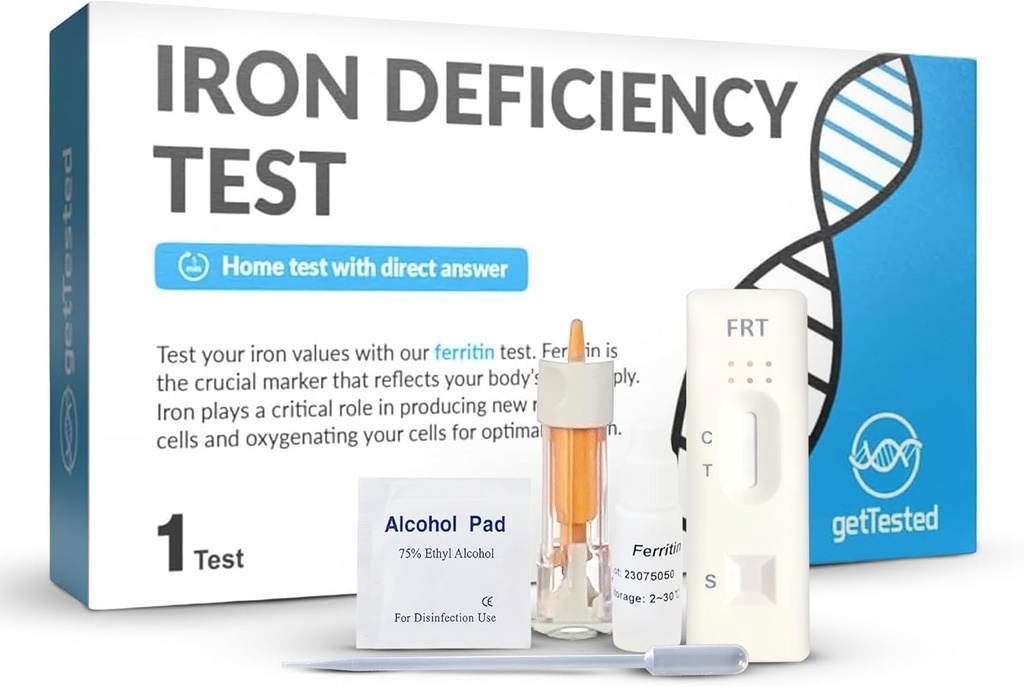 Gettested Iron Deficiency Test Kit - kodus vereanalüüs aneemia kiirete tulemustega - Fingerprick Sample, No Lab Visit Needed - Kliiniliselt Valideeritud Kontrolli madala rauataseme