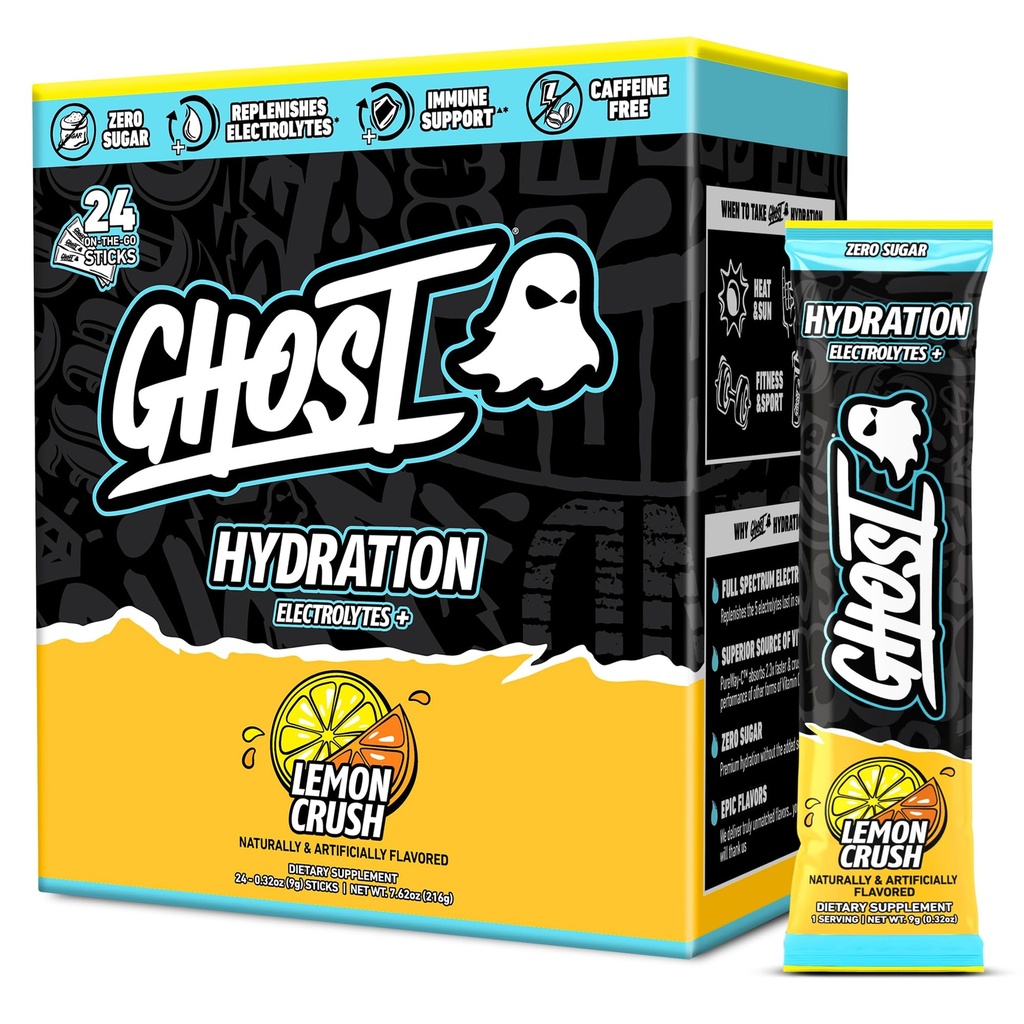 GHOST hüdratsioonipaketid, sidrunipuru, 24 pulka, elektrolüütide pulber - joogisegu lisandiga magneesium, kaalium, kaltsium, C-vitamiin - vegan sõbralik, soja, suhkru ja gluteeni vaba