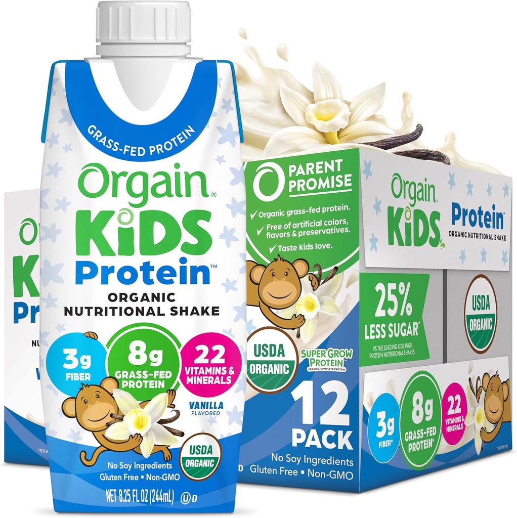 Orgain Organic Kids Nutritional Protein Shake, Vanilla, Healthy Kids Snacks, 8g Piimaproteiin, 3g Fiber, 22 Vitamiinid ja mineraalid, No Soy koostisosad, Gluteenivaba, Non-GMO, 8,25 Fl Oz (Pack of 12)