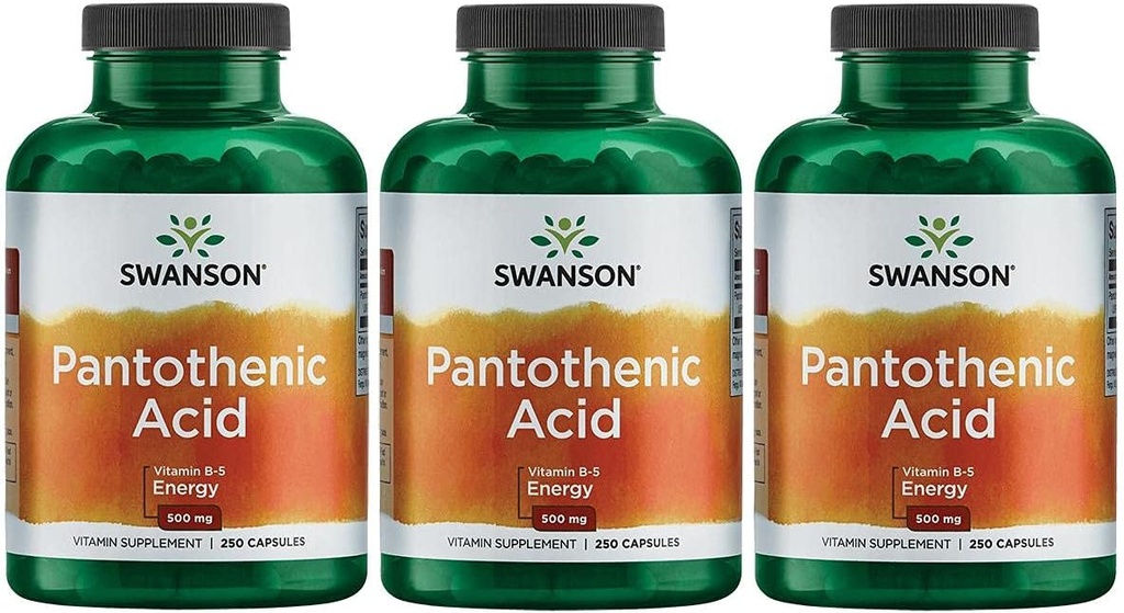 Swanson Pantoteenhape (vitamiin B-5) Energia Metabolism Närvifunktsiooni tugi 500 mg 250 kapslit (3 pakendit)