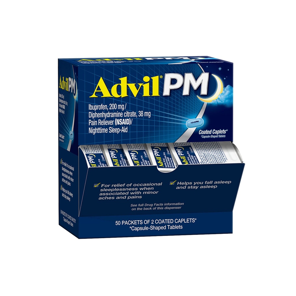 Advil PM valu leevendaja ja öine uneabi, valuvaigistav ravim ibuprofeeniga valu leevendamiseks ja difenhüdramiintsitraat uneabi jaoks - 50x2 kaetud kapslid