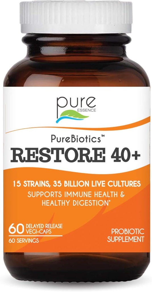 PURE ESSENCE LABS PureBiotics Restore 40+ probiootikumid - toetab immuunsüsteemi ja seedetrakti tervist - piima- ja gluteenivaba - 15 tüve (35 miljardit CTU) Täiskasvanud looduslikud probiootikumid (60 kapslit)