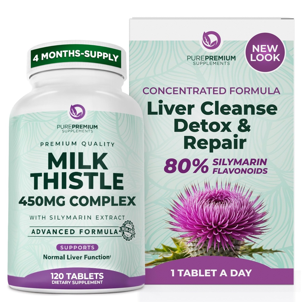 PurePremium Piimaohakalisand - Maksapuhastus Detox & Remont, 80% Silymariini standardiseeritud ekstrakt - 450mg kompleks toetab normaalset maksafunktsiooni - Mitte-GMO, Gluteenivaba - 120 tarne