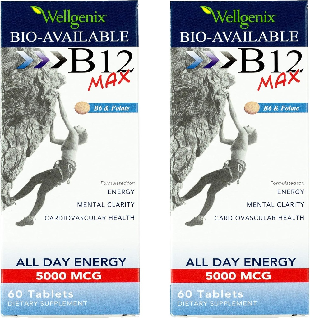Wellgenix Bio-Available Sublingvual B12 Max - Formuleeritud suure imendumise jaoks - Toitaineline multivitamiin B12, B6, Folaat - Kiire lahustamine (60 Ct) 2 Pack