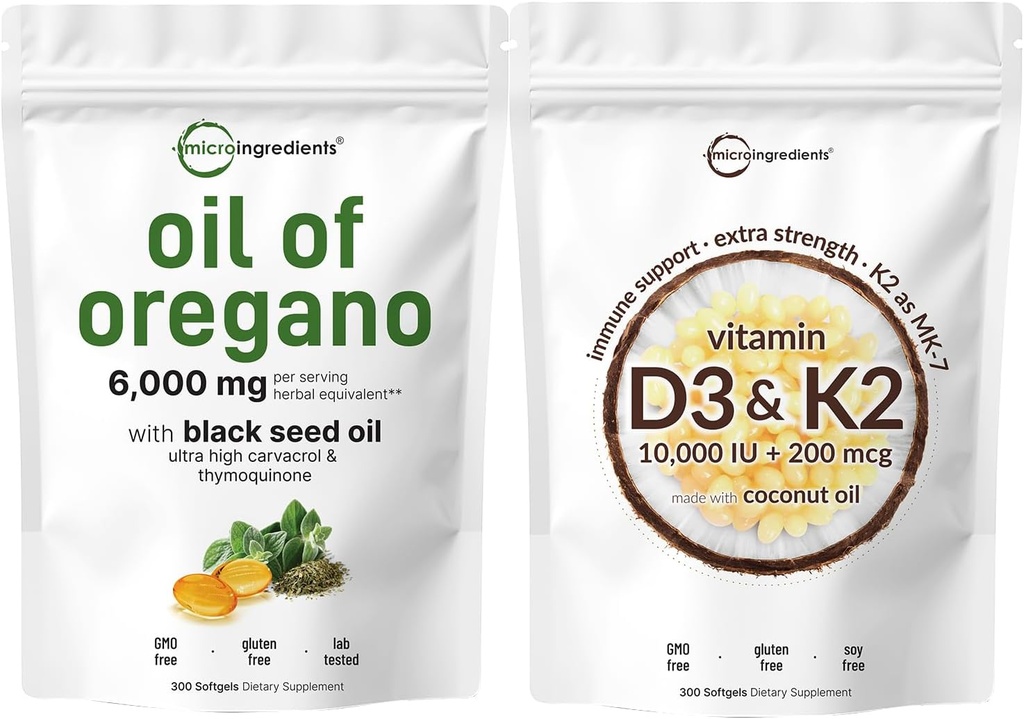 Mikrokoostisosad Oregano Softgelsi õli 6000 mg Serving & Vitamiin D3 10 000iu + K2 200mcg Kookosõli Softgels Bundle 2 Pack | 4X Tugevuskarvakrool & Tümokinon | Olulised päikesepaiste vitamiinid