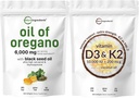 Mikrokoostisosad Oregano Softgelsi õli 6000 mg Serving & Vitamiin D3 10 000iu + K2 200mcg Kookosõli Softgels Bundle 2 Pack | 4X Tugevuskarvakrool & Tümokinon | Olulised päikesepaiste vitamiinid