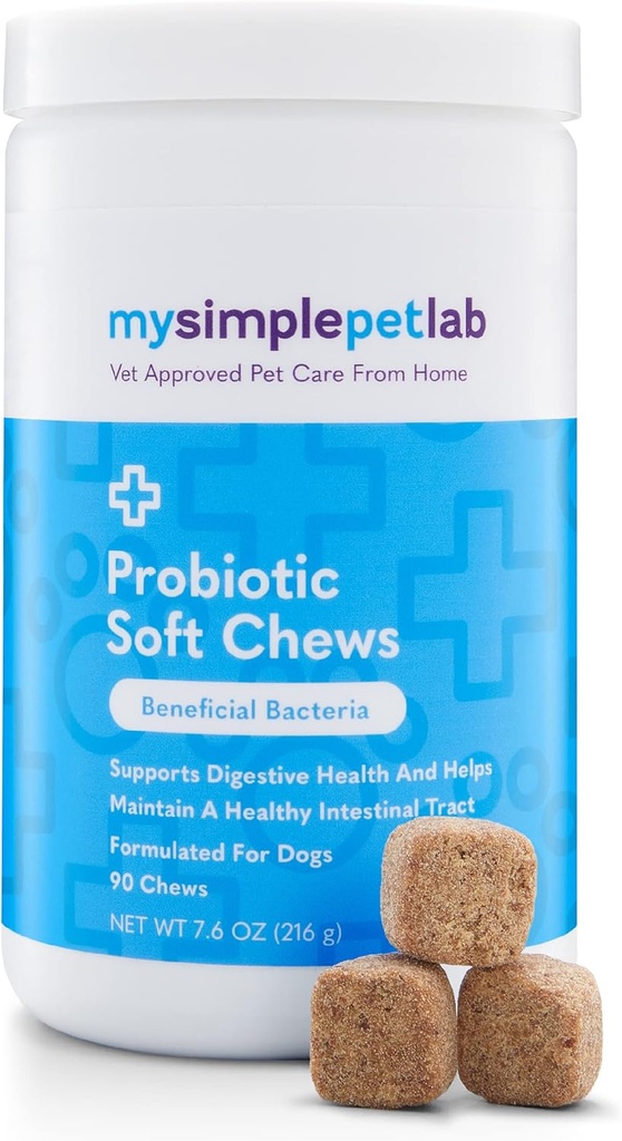MySimplePetLab koera probiootikumid, 5-tüve probiootiline segu, tervislikud lemmiklooma närimiskoed, toetab seedetrakti tervist, soolestiku funktsiooni, immuunsüsteemi, maitsvat probiootilist pehmet närimist koertele, igapäevane täiendus