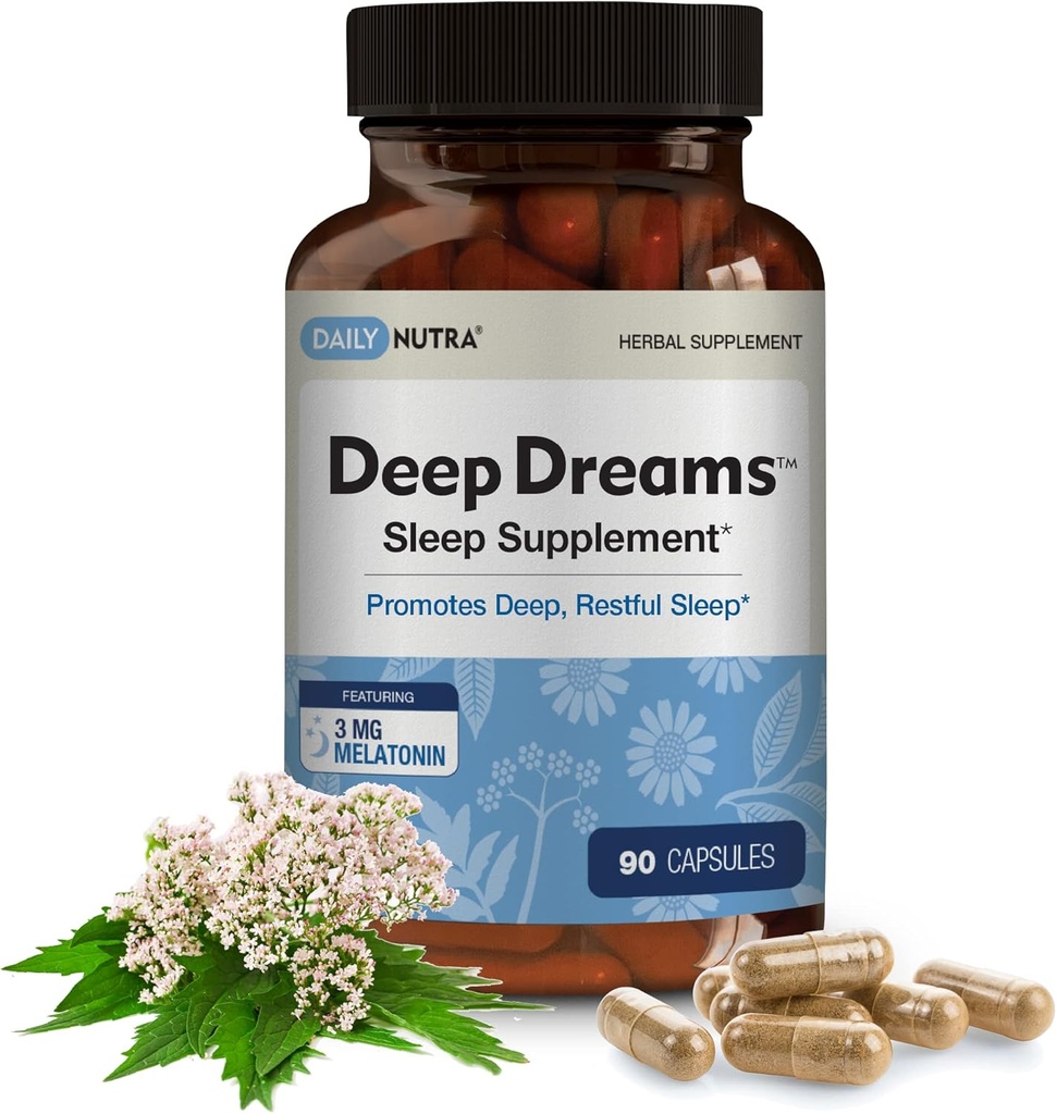 Deep Dreams ~ Natural Sleep Supplement - soodustab sügavat, rahulikku und - melatoniini, L-trüptofaani, apigeniini, valeriani, kummeli ja passioonlille segu (90 kapslit)