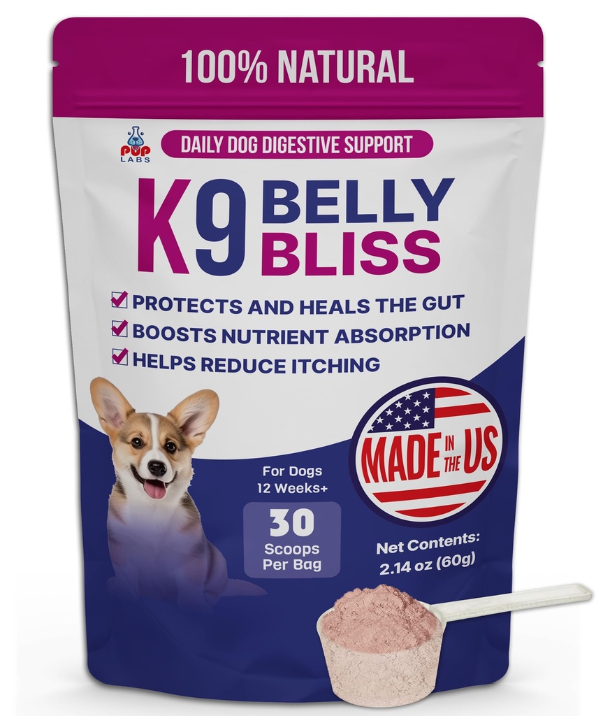 K9 Belly Bliss, All-Natural Soolestiku Tervis Koertele, Vet Heakskiidetud Prebiootikum Koertele Igapäevase Seedetrakti Tugi Ja Koerte Kõhukinnisuse Reljeef, Lihtne Kasutada Topper Kuiv ja Märg Toit, 30 Scoops.