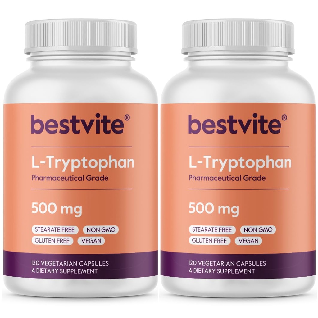 BESTVITE L-trüptofaan 500 mg kapsli kohta (240 taimset kapslit) (2- pakendit) - Steaate ei ole - ränidioksiidi ei ole - želatiini ei ole - vegan - gluteenivaba - mitte GMO