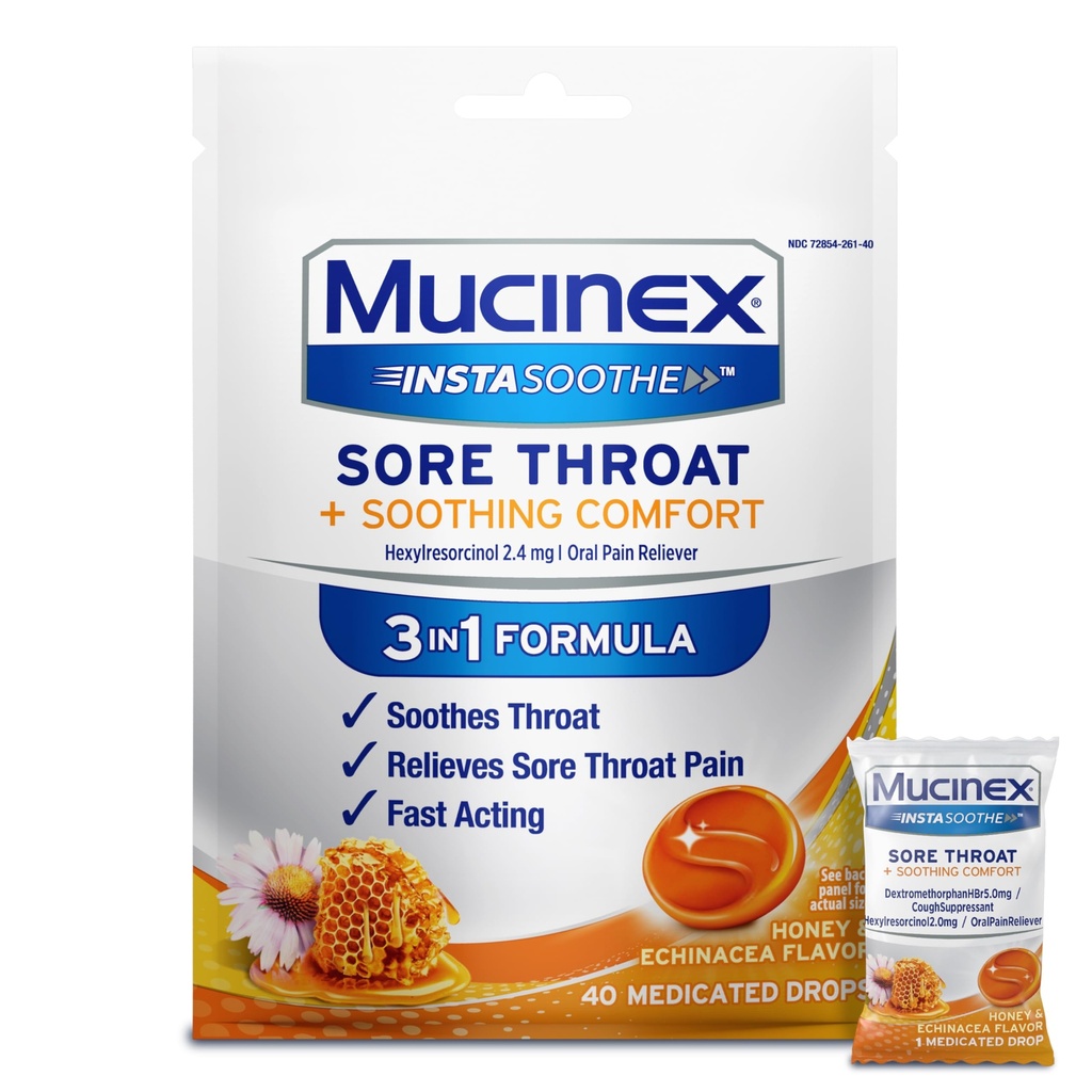 Mucinex Instasoothe valulik kurgu leevendamise tilgad, valulik kurgu lozenges, valulik kurguravim koos heksüülresortsinooliga, köha tilgad Alternatiivne, Honey & Echinacea Maitse, 40 ct