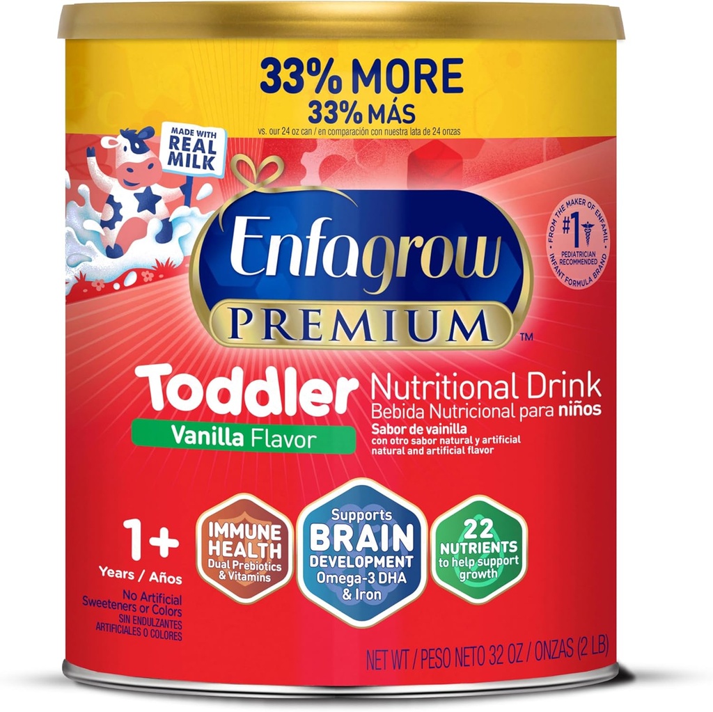 Enfagrow Premium Toitumisjook, looduslik vanilje maitse, oomega-3 DHA aju toetamiseks, prebiootikumid ja vitamiinid immuunsüsteemi tervise jaoks, mitte-GMO, pulbripurk, 32 Oz (1 pakend)