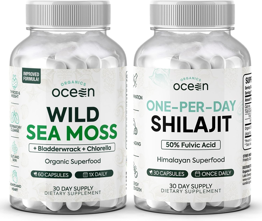 Orgaanika Ookean Wild Sea Moss Kapslid ja üks-päevane Shilajit meestele ja naistele - 100% Iiri Sea Moss ja Pure Shilajit kapslid - Kilpnäärme toetus naistele ja meestele
