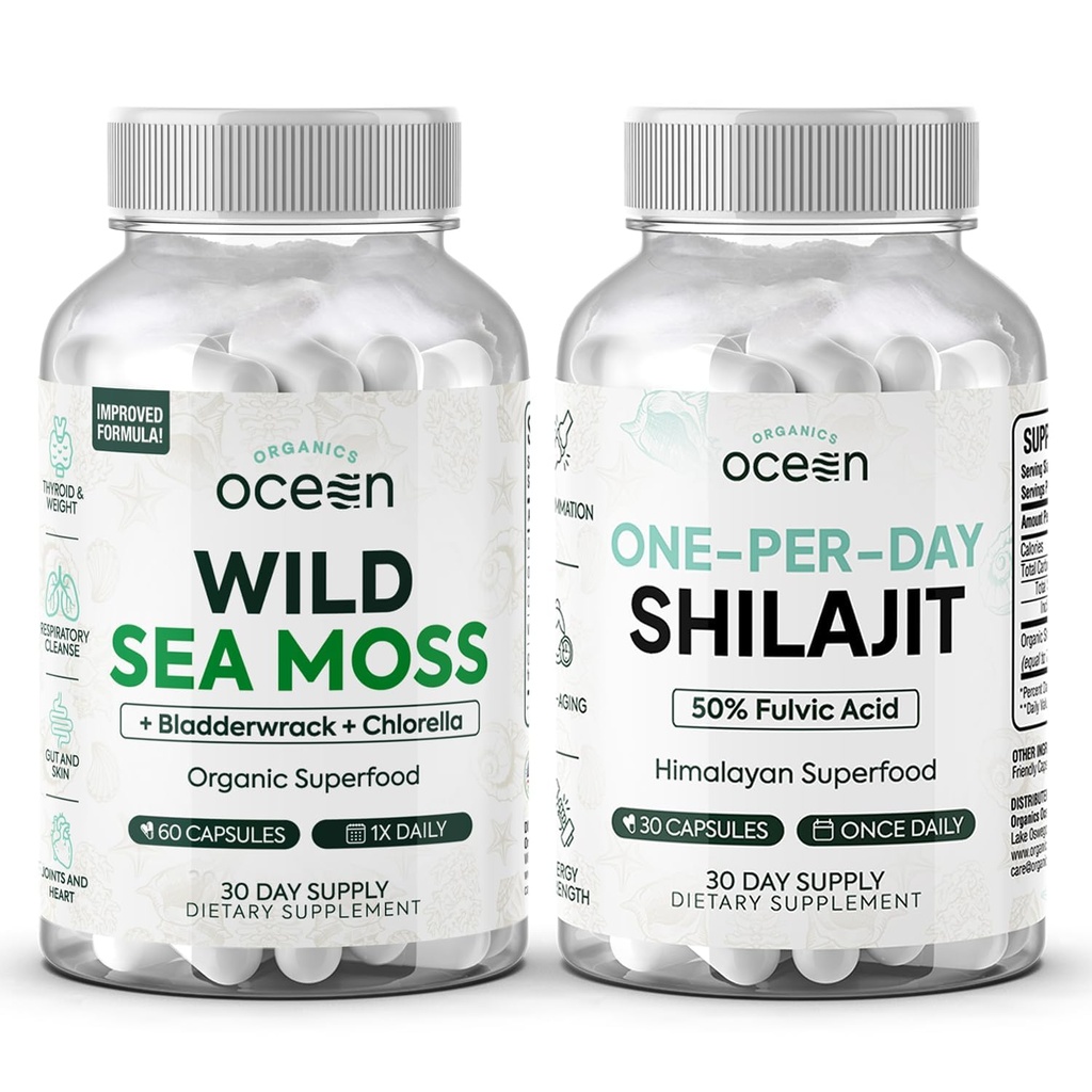 Orgaanika Ookean Wild Sea Moss Kapslid ja üks-päevane Shilajit meestele ja naistele - 100% Iiri Sea Moss ja Pure Shilajit kapslid - Kilpnäärme toetus naistele ja meestele