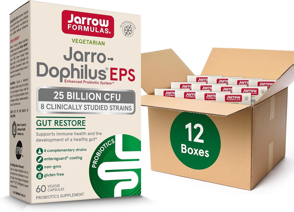 Jarrow valemid Jarro-Dophilus EPS Probiootikumid 25 miljardit CFU soolestiku toetuseks, soolestiku probiootikumid Naistele ja meestele, 60 Veggie kapslit, kuni 60 päeva pakkumine, 12 pakendit