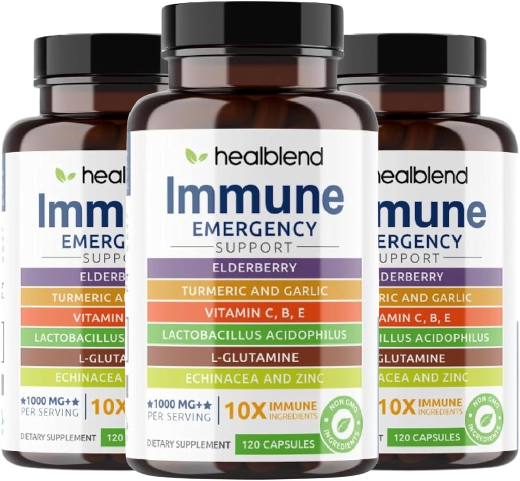 healblend 10 in 1 Immune Support Supplement Booster Elderberry, Tsink, Echinacea, Kurkum, Lactobacillus Acidophilus, täiskasvanutele (3 Pack)