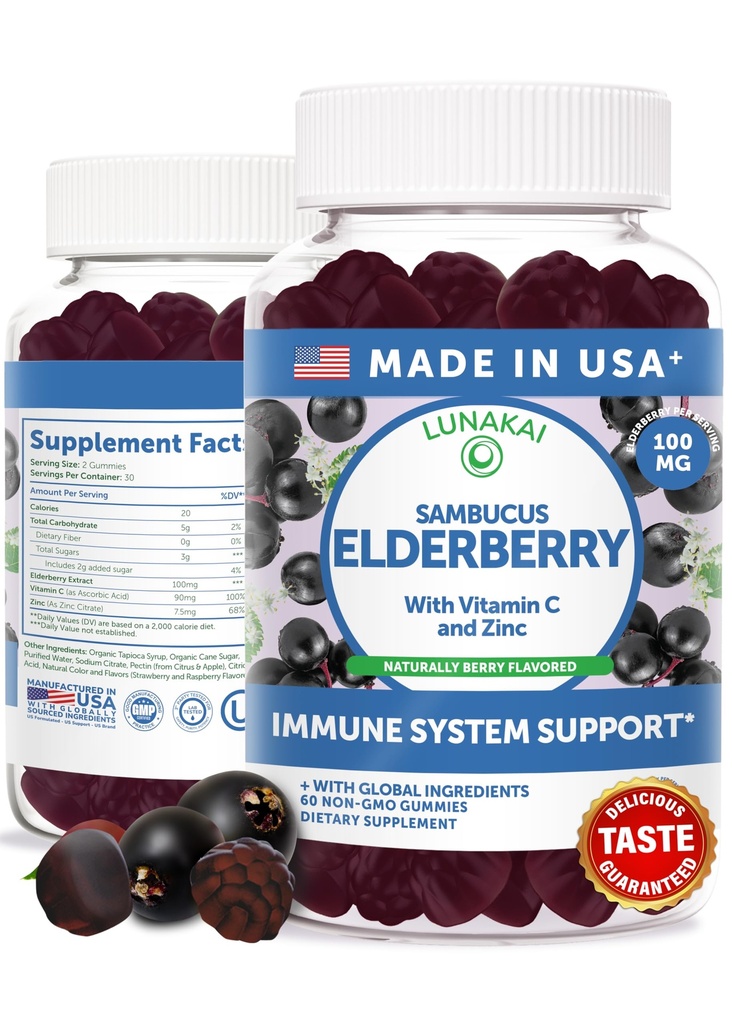 Lunakai USA Made Black Sambucus Elderberry Gummies täiskasvanutele ja lastele vitamiin C & tsink - Immuunsüsteemi tugi, antioksüdandid, Non-GMO, 60 Gummies