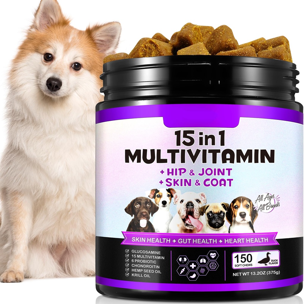 15-in-1 koera multivitamiini toidulisandid Glükosamiini ja probiootikumidega, looduslikud igapäevased vitamiinid närivad koertele, lemmikloomade tervise toetamine-nahk-immuunsus-Gut seedimine-Joint-Heart,150 Pcs-Duck Maitse