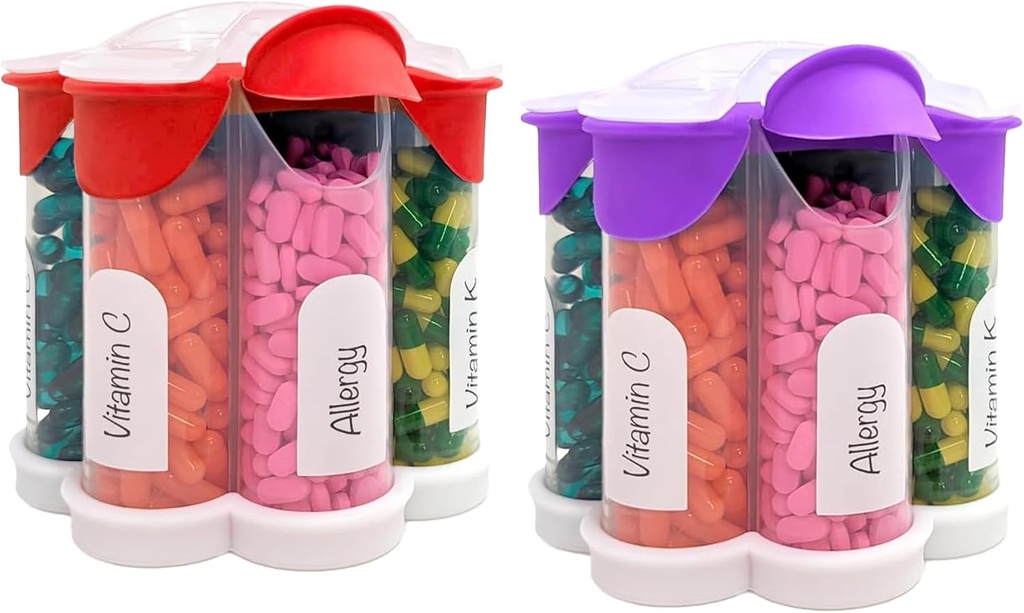 Extra Big Pill Korraldaja Igapäevane, Iganädalane, Igakuine Täiendus Pudel, Cute Blossom Pill Dispenser 7 XL Kompartments (2 Pack Combo) (Purple and Red)