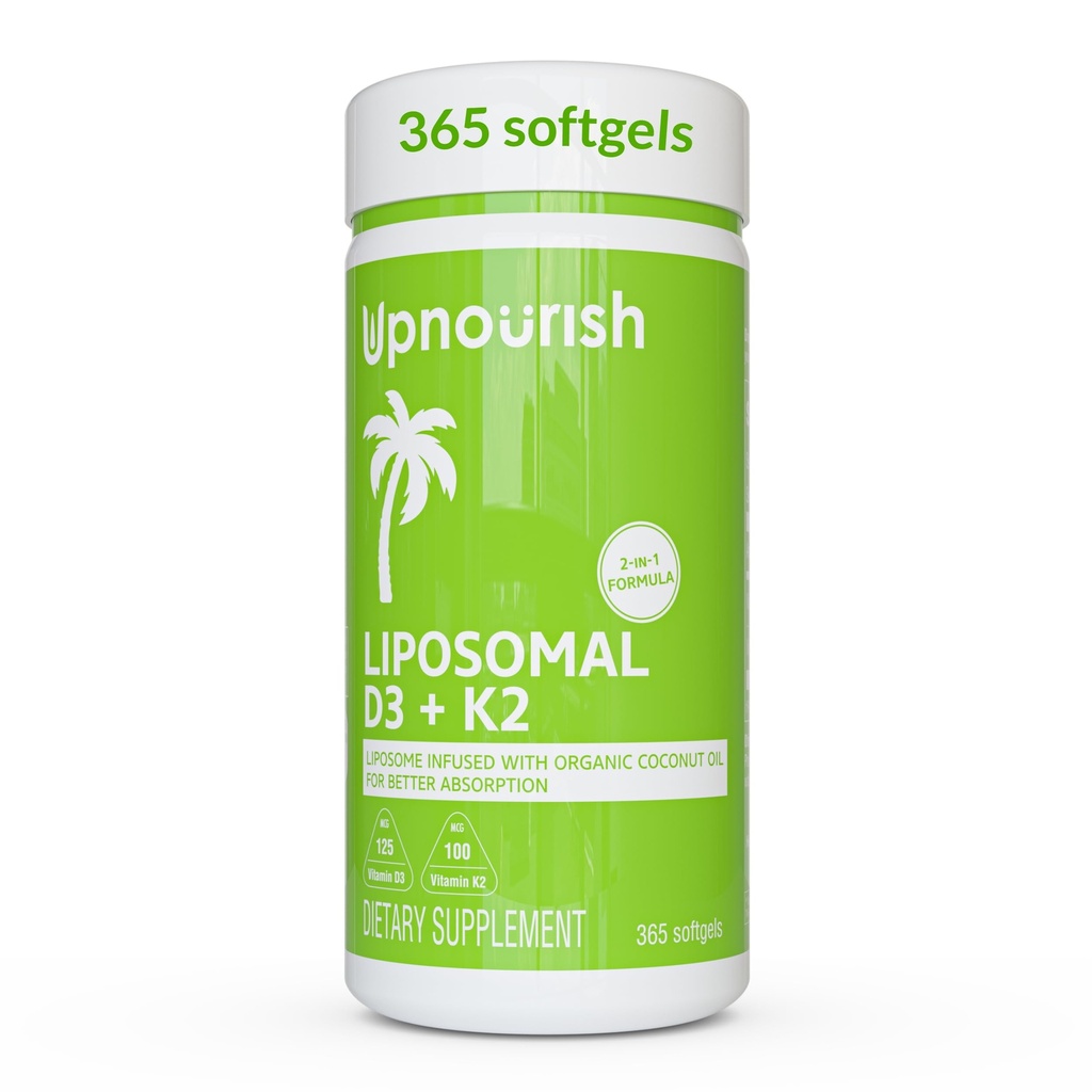 UpNourish Liposomal D3 K2 MK-7 – 365 Mini pehmegeelid orgaanilise kookosõli - 5000 IU 125 mcg Vitamiin D3 ja 100 mcg Vitamiin k2 optimaalse luu ja immuunsüsteemi tervist