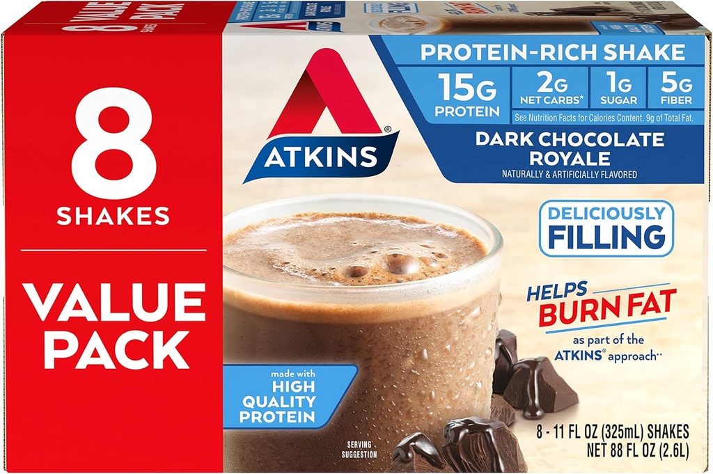 Atkins Gluten Vaba Valk-Rikas Shake, Dark Chocolate Royale, Keto-Sõbralik, 8 Count (Pack of 1)