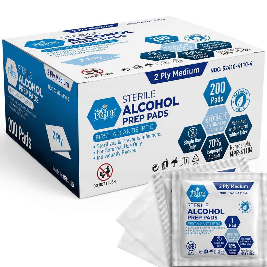 MED PRIDE steriilsed alkoholiprep padjad, antiseptilised, 70% isopropüül, individuaalselt pakitud, meditsiinilised 2 kihid (200 loendit (1. pakk) valged)