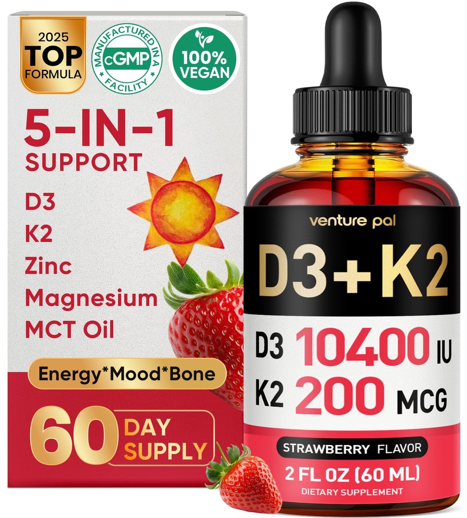 Venture Pal 5-in-1 Vitamiin D3 10000 IU & K2 kui MK-7 200mcg koos magneesiumi, MCT õli, tsingi, suhkruvaba D-vitamiini vedelikuga |Maksimaalne imendumine luu, meeleolu ja immuunsüsteemi tervisele - 2 FL OZ, 67 päeva