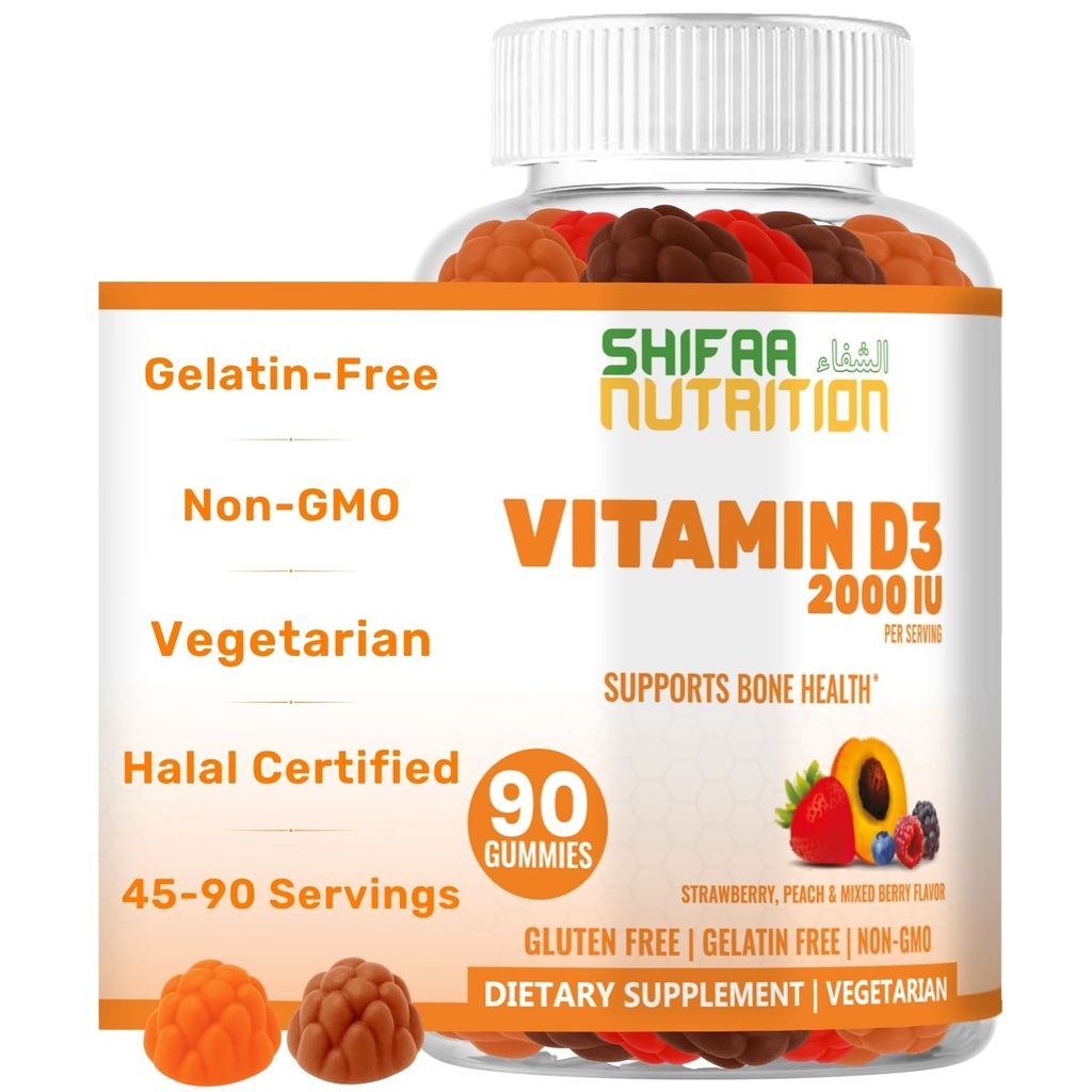 SHIFAA TOITAINE Taimetoitlane D3-vitamiin Kummid täiskasvanutele ja lastele | 45-90 Servings, 2000IU / 1000IU | Mitte-GMO, Gluteenivaba, želatiinivaba | Toetab luud, lihased ja immuunsüsteem Halal Vitamiinid