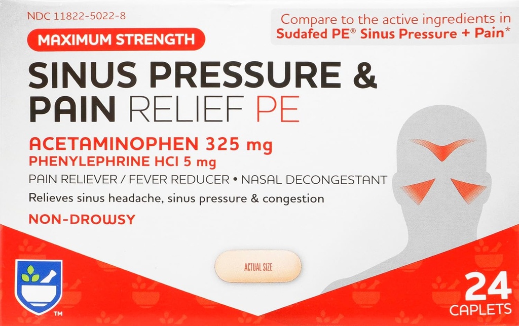 Rite Aid Sinus Surve ja valu Reliever PE, Non-Drowsy - 24 tabletti | Sinus Relief | Valu leevendamine | Nina dekongestant | Külm ravim täiskasvanutele | Allergia ravim | Allergia leevendamine | lima