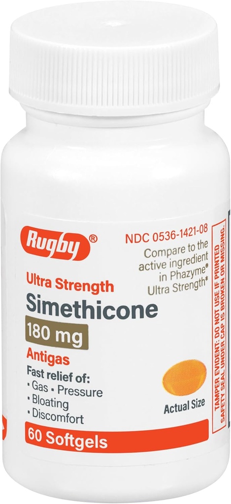Rugby Ultra Tugevus Simethicone Gas Relief 180 mg - Maksimaalne gaas Relief täiskasvanutele - Võib Aidata Sümptomid Flatulence, Bloating, Gaasi Täiuslikkus - 60 Softgels (1 Pack)