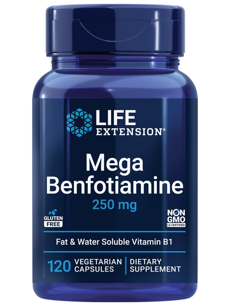 Elu pikendamine Mega Benfotiamiin, 250 mg, tiamiini rasvlahustuv vorm, tervislik ainevahetus, ülibiosaadav vitamiin B1, kõrge potentsi, gluteenivaba, mitte-GMO, taimetoitlane, 120 kapslit