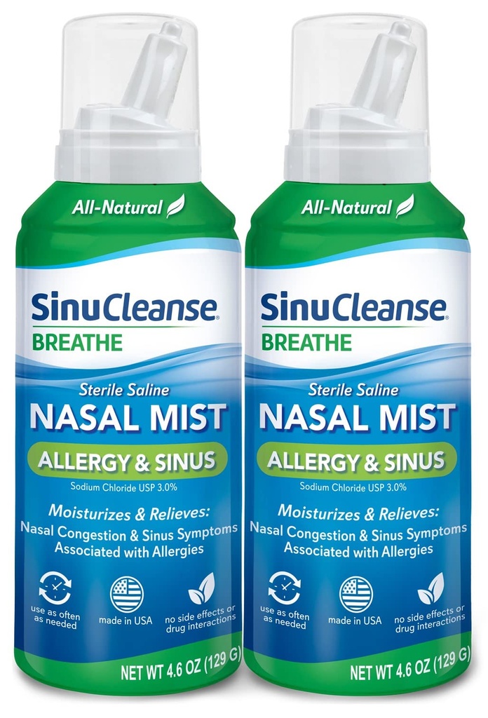 SinuCleanse Allergia & Siinus Steriilne Soolalahus Ninasprei, Ultra Fine Mist, Koheselt niisutab & leevendab tõsiseid nina ummistusi allergiate tõttu, 4.6 Oz (2 Pack), valmistatud USAs