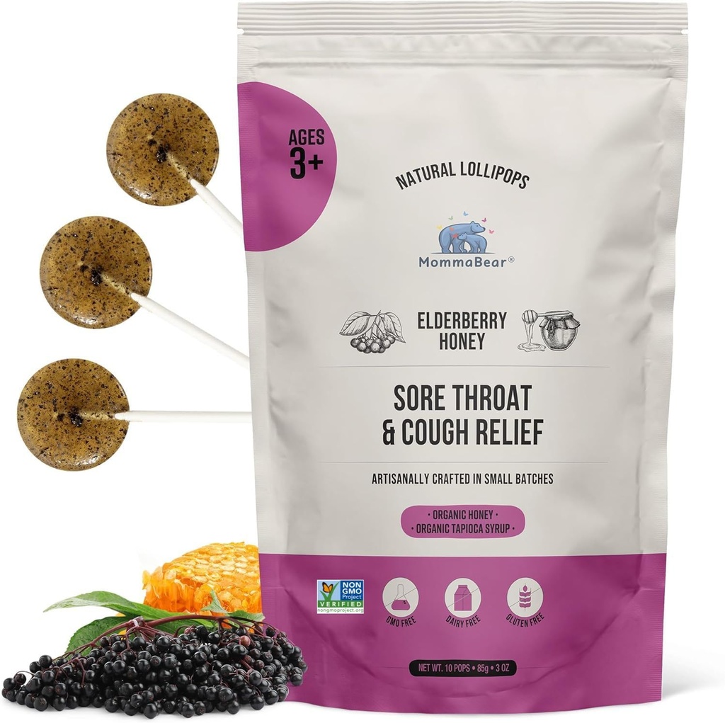 MommaBear Natural Hare Kurgu Relief Lollipops - Elderberry & Honey Kids Cough Lollipops - Organic Cough Kids Lolli Treats, No Artificial Additives - Tightly suletud värskus (10 Pack)