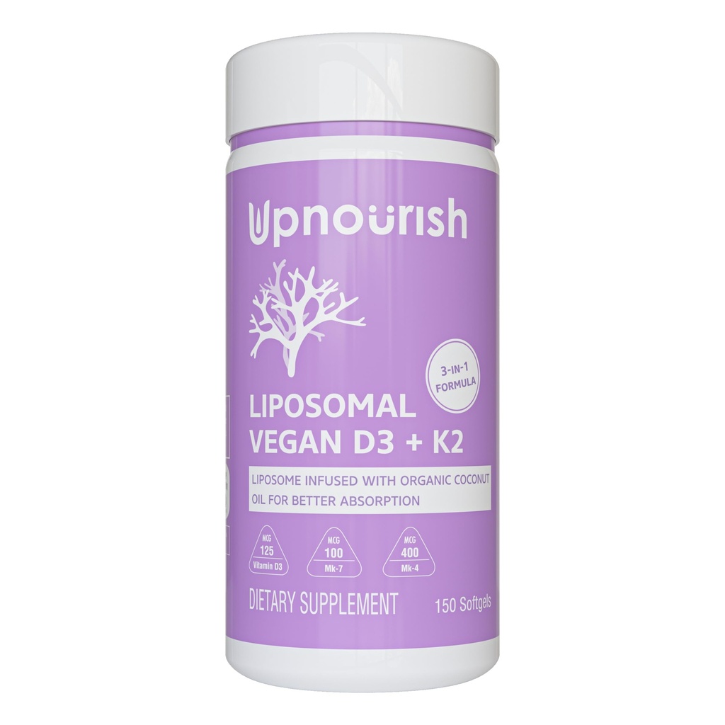 UpNourish Certified Vegan Vitamiin D3 5000 IU K2 MK4 MK7 500 mcg Lisand, 150 Softgels, Taimne Liposomaalne Vitamiin D K orgaanilise kookosõli, Non GMO, Gluten ja želatiin tasuta