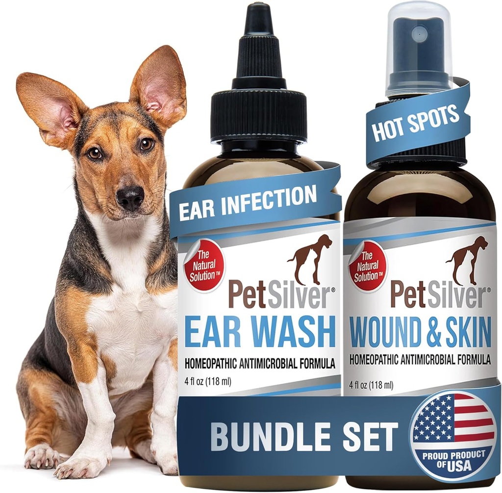 PetSilver - Haava ja naha pihusti (4 fl oz) ja kõrvapesu (8 fl oz) koos patenteeritud kelaaditud hõbedaga - haavahooldus, kuum täpp, & Itch Relief Spray - kõrva puhastaja ja ravi kassidele ja koertele - valmistatud USAs