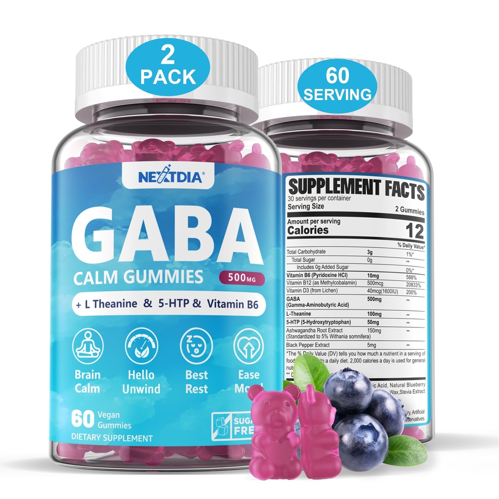 GABA Gummies 500 mg - L-teaniini, 5-HTP-ga suhkruvabad kummikud, vitamiinid D3, B12, Ashwagandha, melatoniinivaba ajurahu, meeleolu, Zzz Parem, GABA täiskasvanute täiendus, mustikamaitse, vegan
