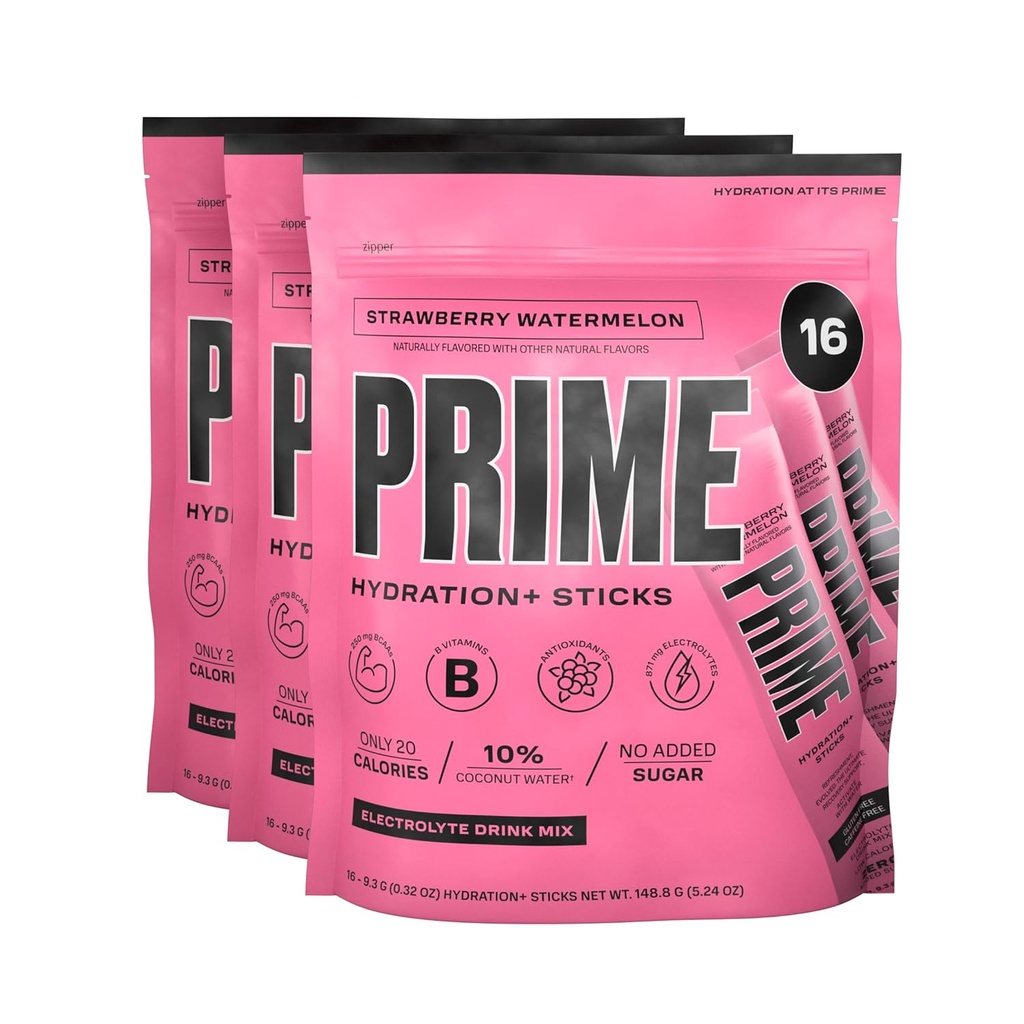 PRIME HYDRATION+ Sticks Strawberry Arbuus | Hüdratsioonipulber Ühekordse Serviga Pulgad | Elektrolüüdipulber Go | Madal suhkur | Kofeiinivaba | Vegan | 48 Pulgad