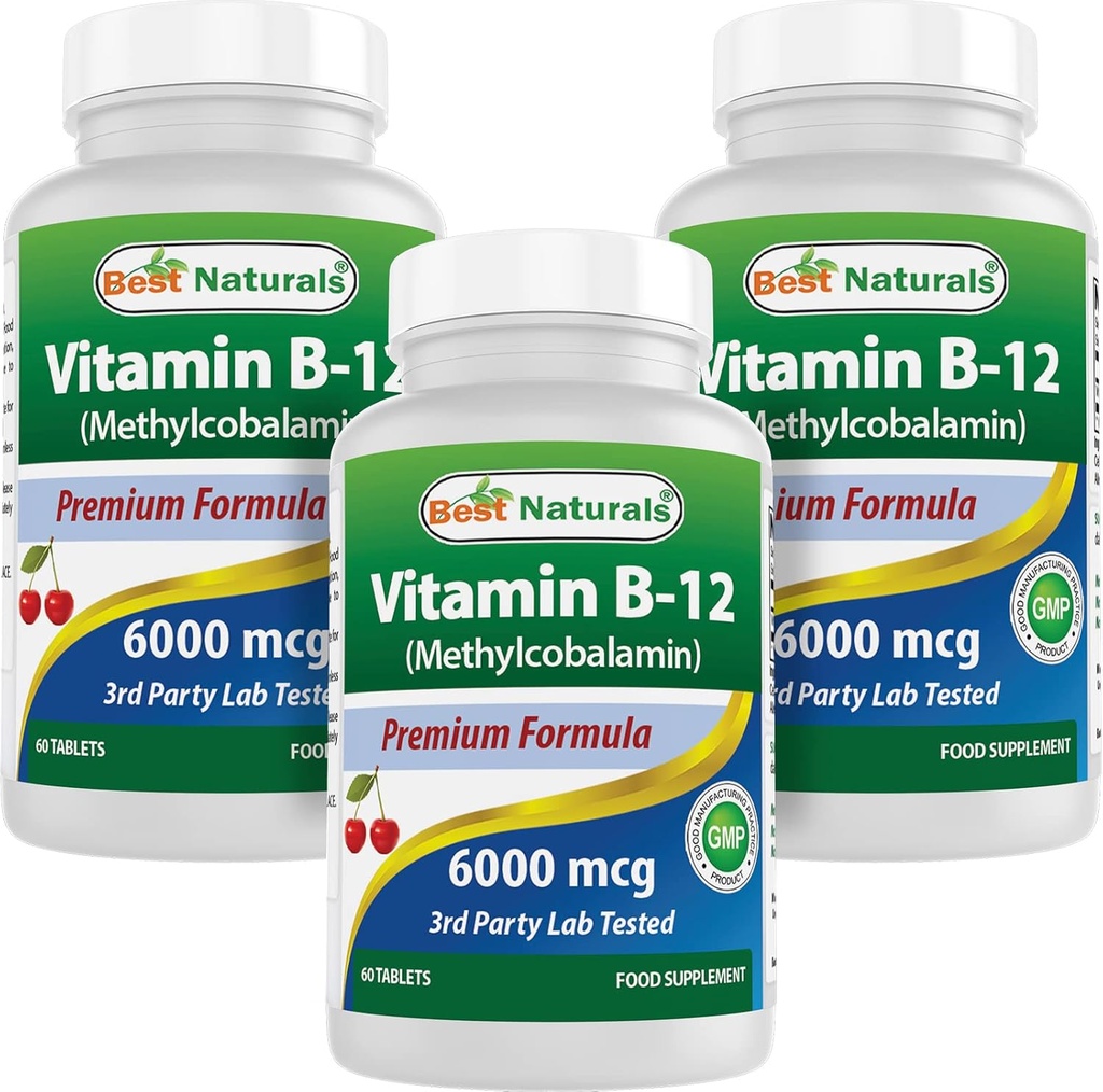 Parimad looduslikud vitamiinid B-12 kui metüülkobalamiin (metüül B12), 6000 mcg 60 keelealused tabletid (60 loendit (3 pakendit))