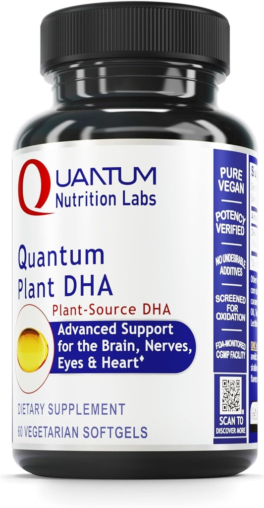 Quantum Nutrition Labs Plant DHA - Non-GMO Vegan DHA koos Omega 3 rasvhapped, vetikate baasil DHA naistele ja meestele, Natural DHA täiendus sobib veganid - 60 Vegetarian Softgel kapslid