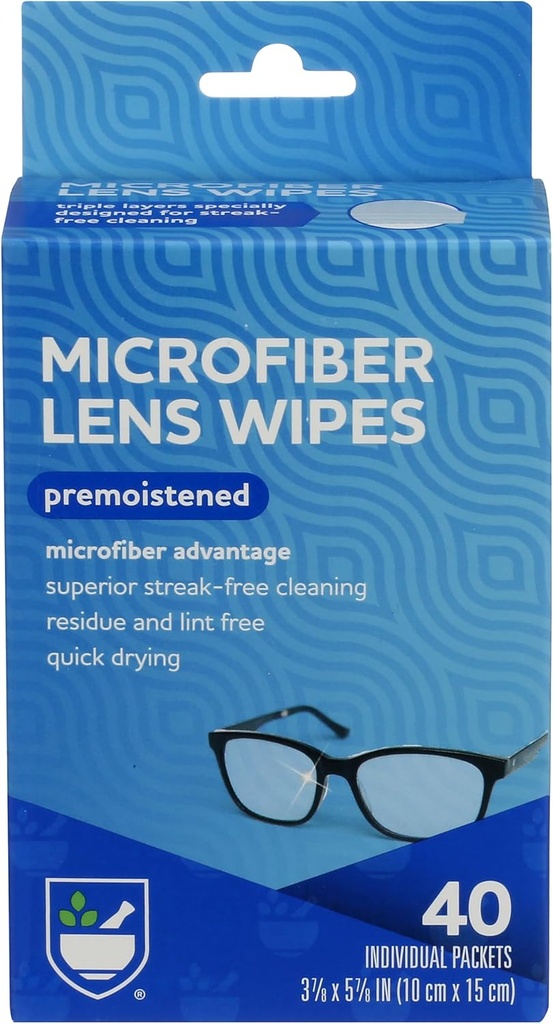 Rite Aid Eye Care Microfiber Läätsed pühkida, eelniisutatud, individuaalselt pakitud pakendid - 40 Count | Quick Drying, Anti-Streak Formula| Prillide puhastusvahendid | Eye Glass Cleaner ja riided | Läätsed pühkida