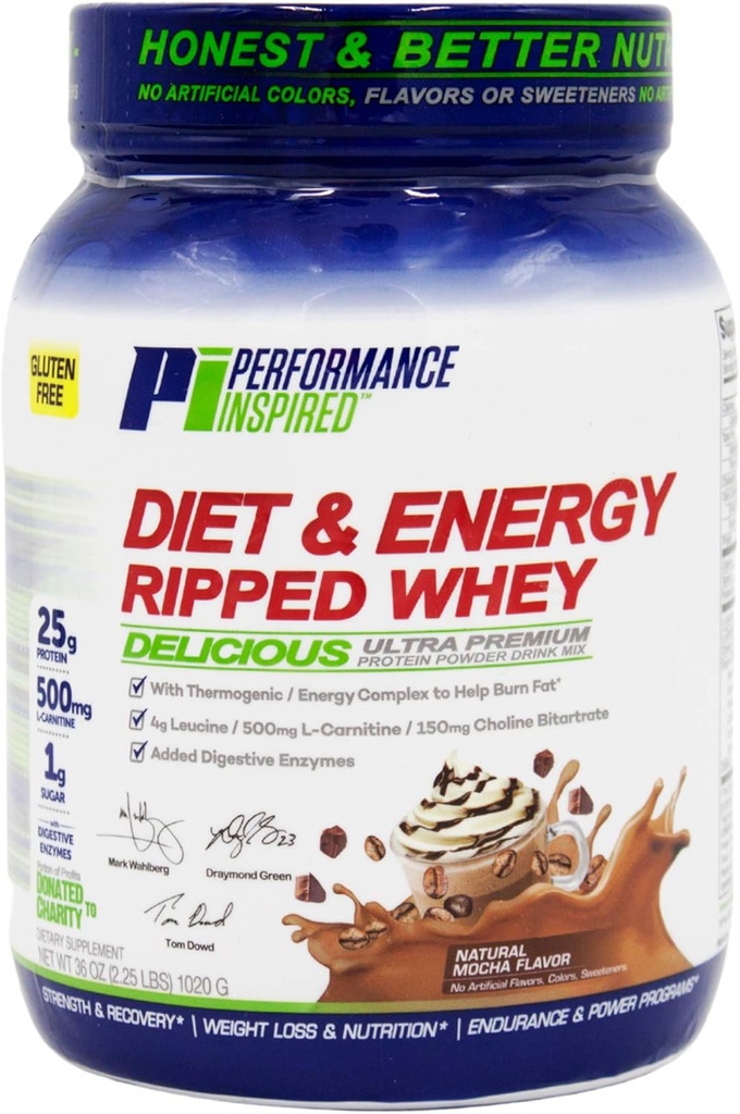 Performance Inspired Nutrition Ripped Whey Protein – 25G Valk – 4G Leutsiin – L-karnitiin – Rohelise Tee ekstrakt – Mocha – 2,25 naela