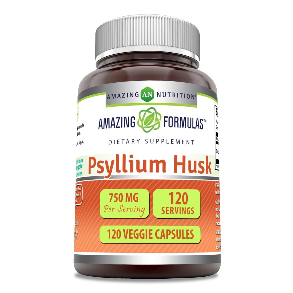 Amazing Formulas Psyllium Husk 750mg Veggie kapslid täiendus | Mitte-GMO | Gluteenivaba | Valmistatud USAs | Sobib taimetoitlastele (120 loend)