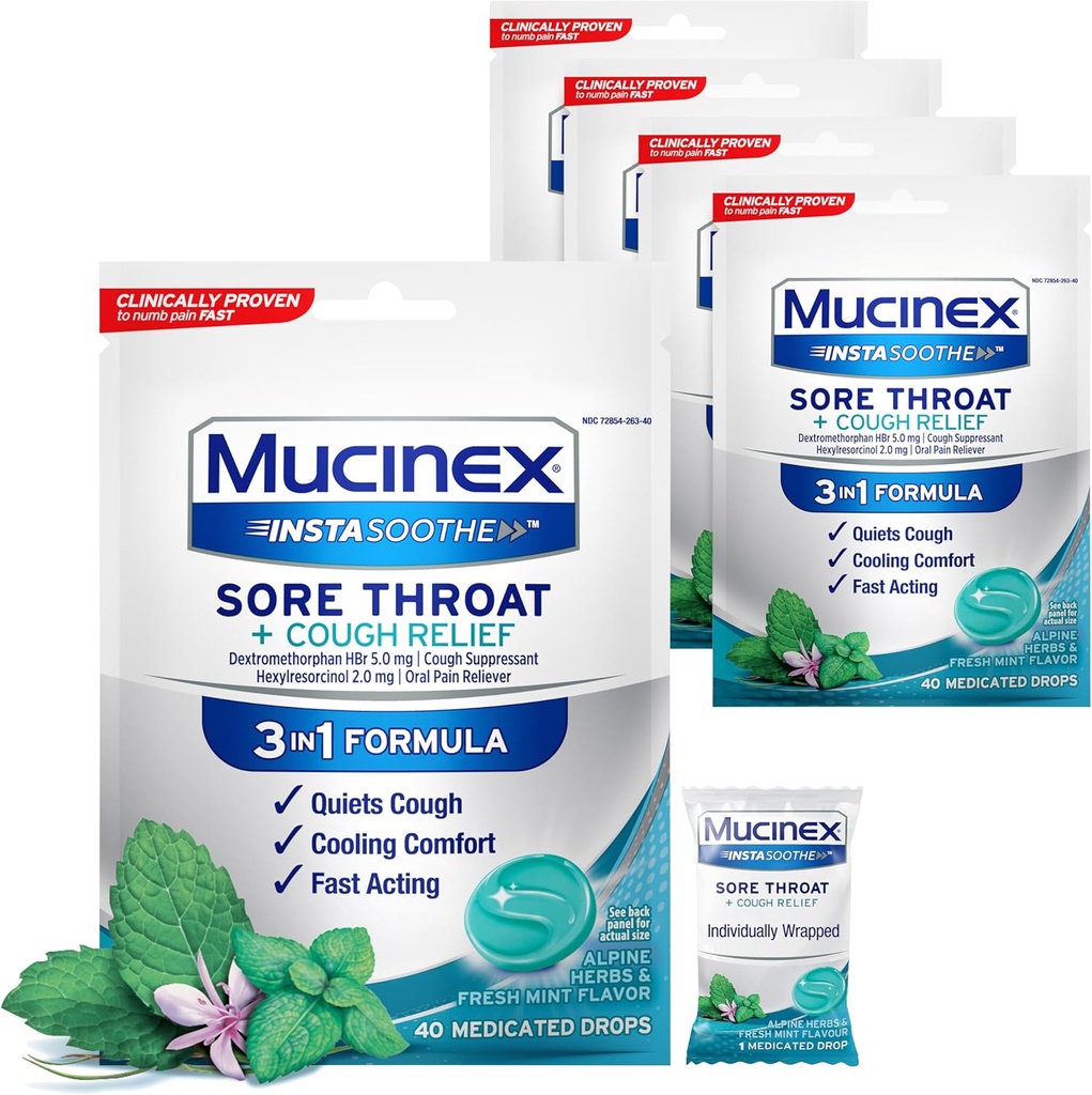 Mucinex InstaSoothe valulik kurk + köha leevendav alpi maitsetaimed & piparmündi maitse, kiire tegutsemine, jahutusmugavus, võimas valulik kurgu suuvalu leevendaja, 40 ravimtilka (40 loend (5. pakk))