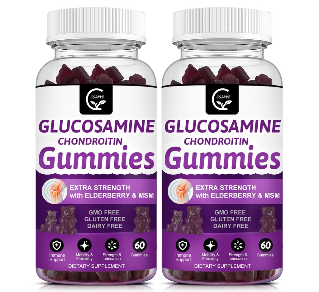 GORNVB Glükosamiin Kondroitiin Gummies koos MSM & Elderberry Extra Tugevus - Paindlikkus Toetus, Antioksüdant Immune Support Supplement täiskasvanutele, meestele ja naistele - 60 Chondroitin Gummies (2 Pack)