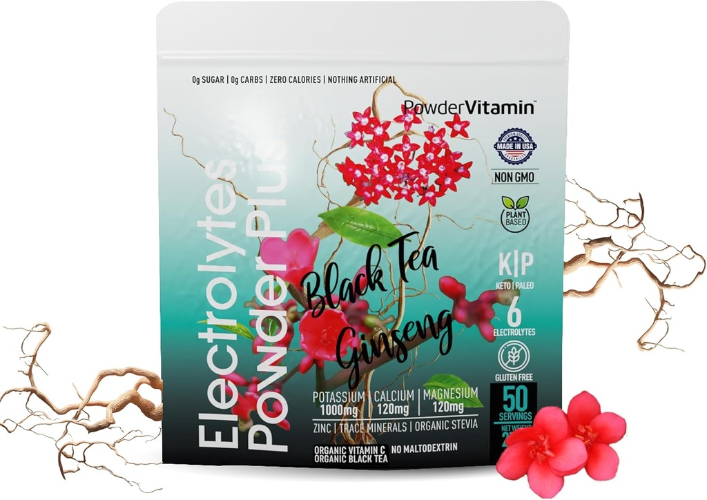 PowderVitamin Electrolytes Powder Plus (50 Servings) Must tee ženšenni elektrolüüt pulber Keto, suhkruvaba, roosa Himaalaja sool, 1000mg kaalium, 120mg Kaltsium, 120mg Magneesium, hüdraatpulber