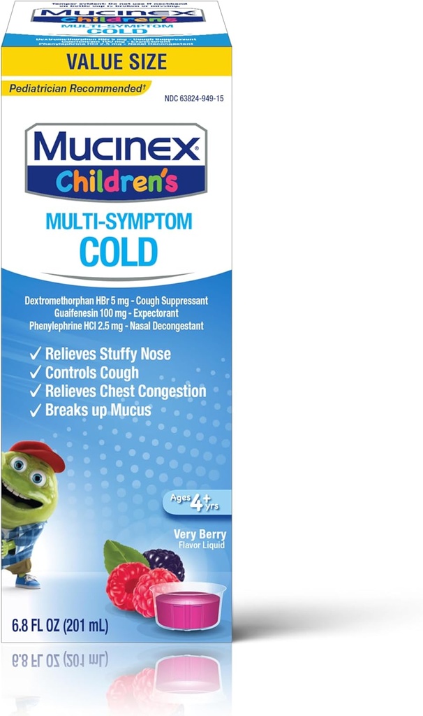 Mucinex köha toetav rindkere ummistus ja kleepuv nina leevendamine Laste multisümptom Külm vedelik, väga marjane, 6,8 Fl Oz (pakk 1)