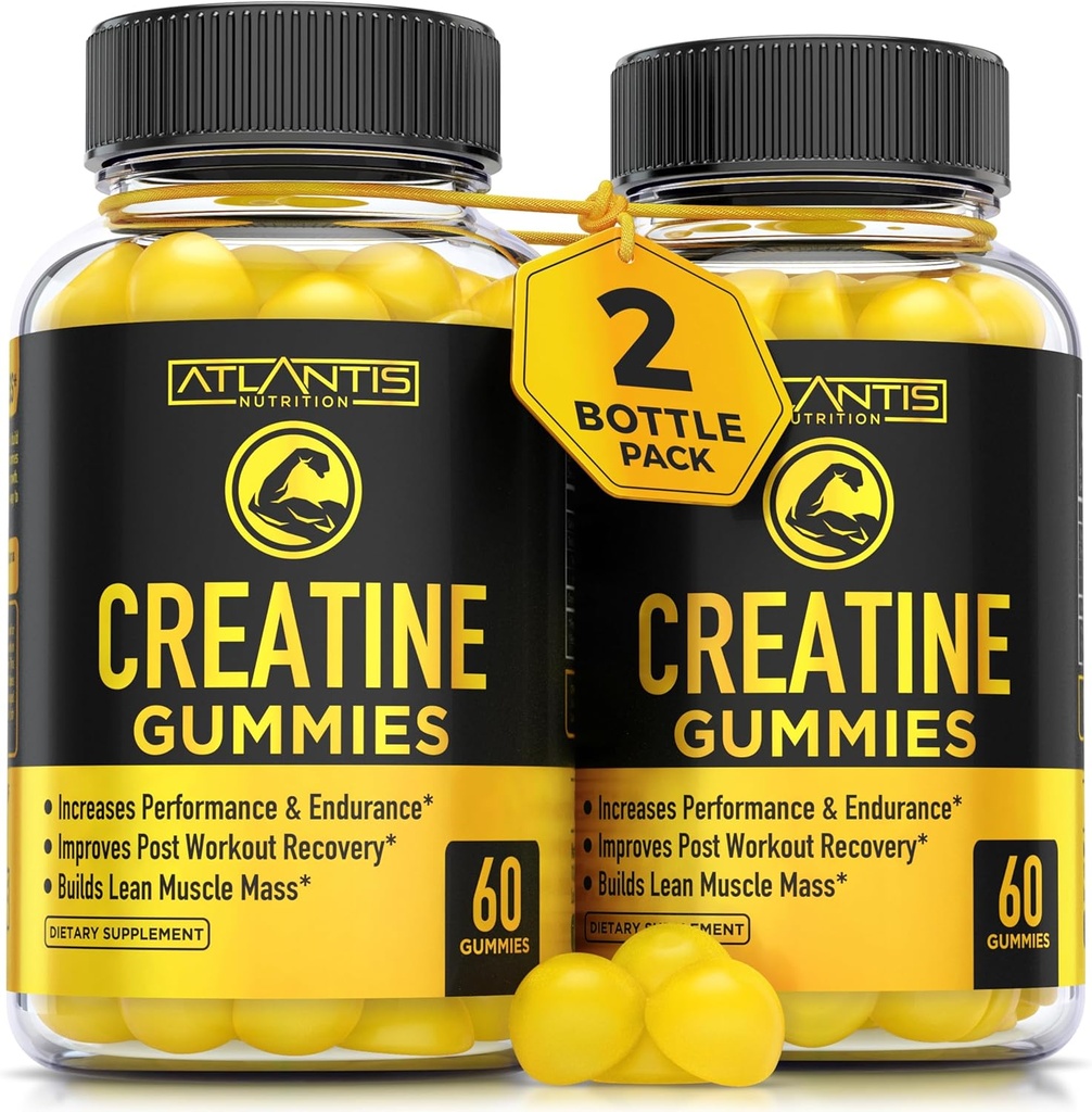 Atlantis Nutrition Kreatiin Monohüdraat Kummid tugevuseks ja sportlikuks soorituseks - 5 g kreatiini ühe teenistuse kohta - Ehitage lihaseid, suurendage jõudlust ja vastupidavust & parandage treeningujärgset taastumist - 120 loend
