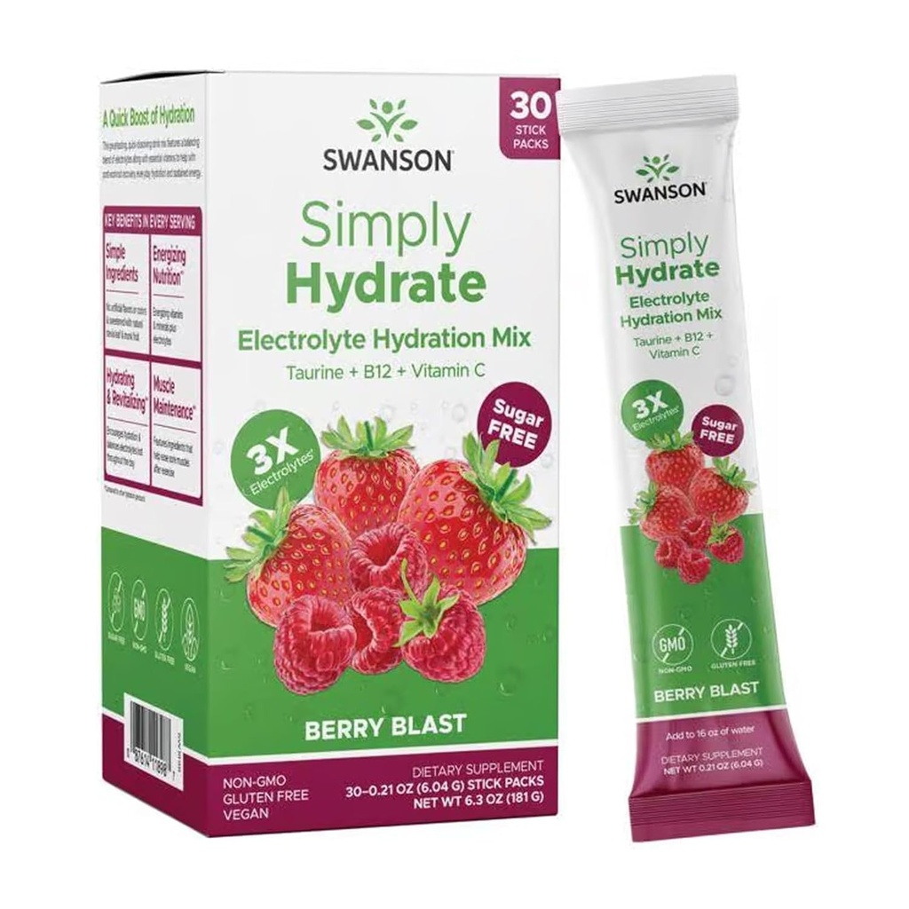 Swanson Lihtsalt hüdraat elektrolüütide pulbrisegu - suhkruvaba joogi segu 0 kalorit - mugav On-The-Go hüdratsioonipulber - Advanced Electrolyte Drink Mix - Berry Blast Flavor - 30 paketti