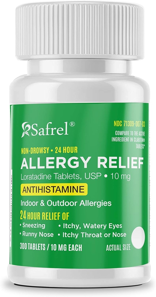 Safrel Allergy 10mg tabletid | Mitte-uimas 24-tunnine allergia leevendamise meditsiin | Antihistamiini toetamine runny nina, aevastamine, sügelus, vesised silmad (300 loend (1. pakk))